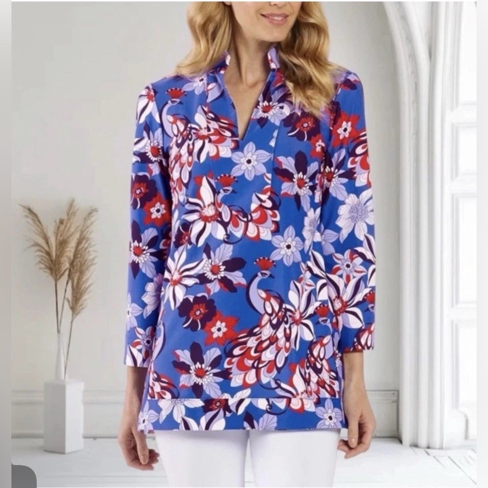Jude Connally Size XS Chris Collared Top Twirling Peacock Cobalt 3/4 Sleeves NWT